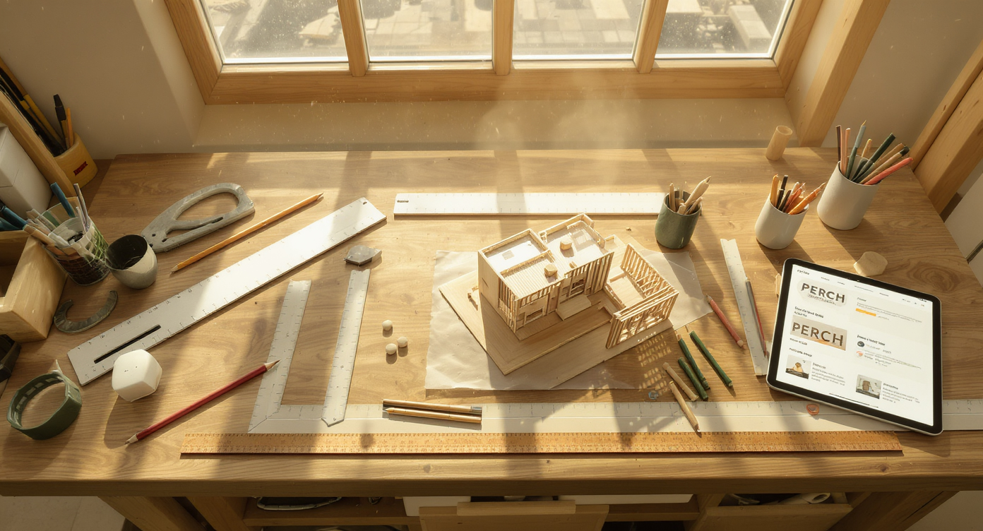 A wooden workbench with drafting tools and a small model of a modular home, representing a home builder's planning process for SEO.