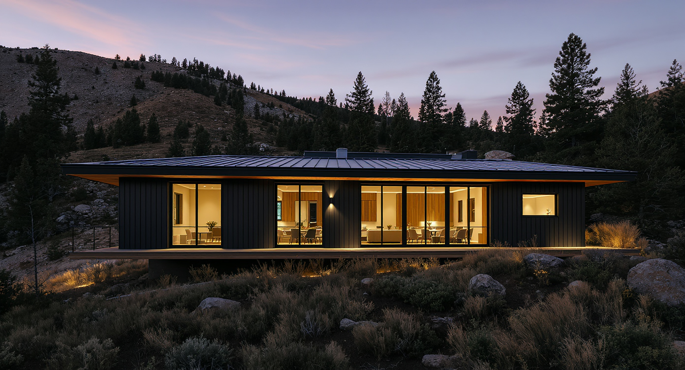 A modern, fire-resistant mountain home in California, with warm interior lights glowing at dusk.