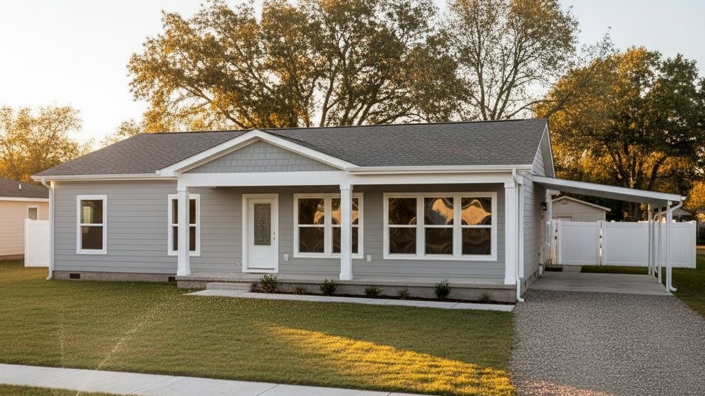 Architectural editorial photograph illustrating chattel financing manufactured home on a typical American residential lot in golden afternoon light.