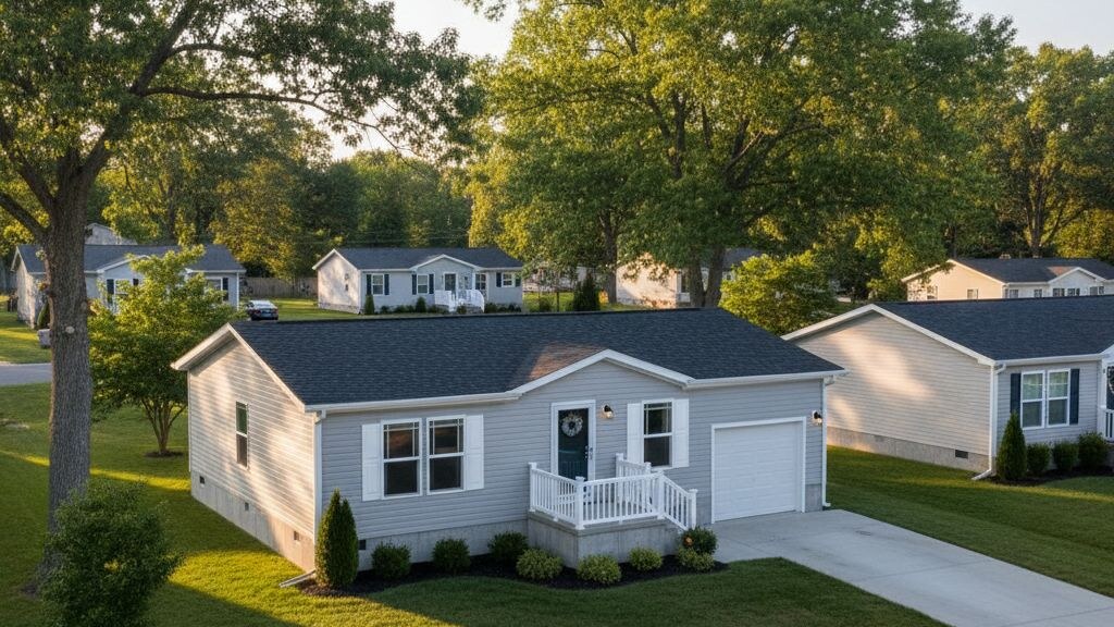 Single-section manufactured home on a permanent foundation in a quiet residential neighborhood at late-afternoon.