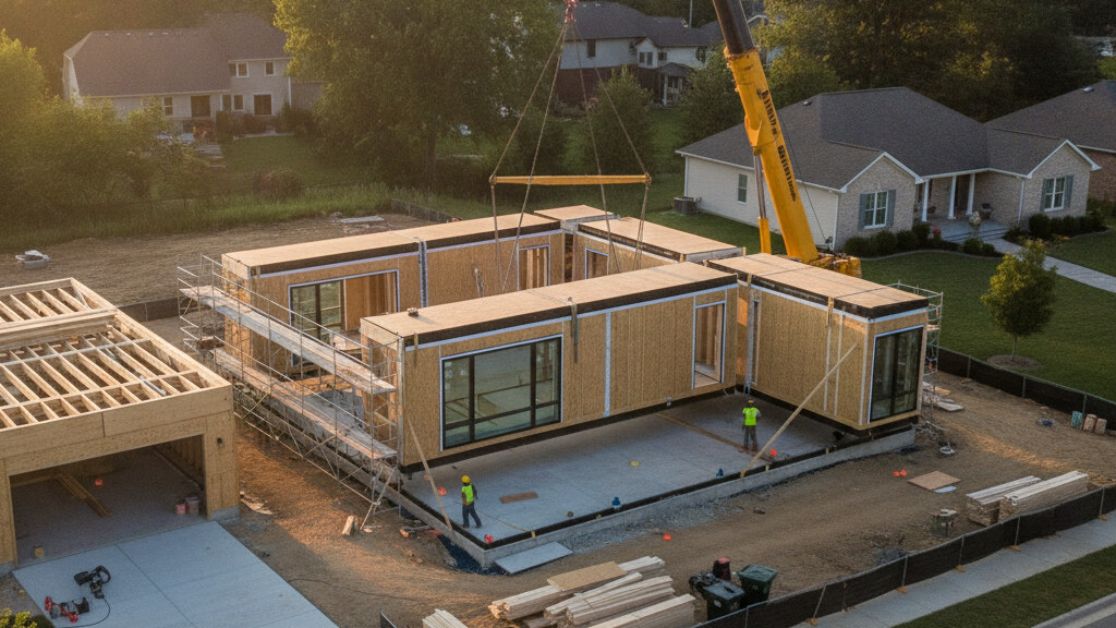 Architectural editorial photograph illustrating construction to permanent loan prefab on a typical American residential lot in golden afternoon light.