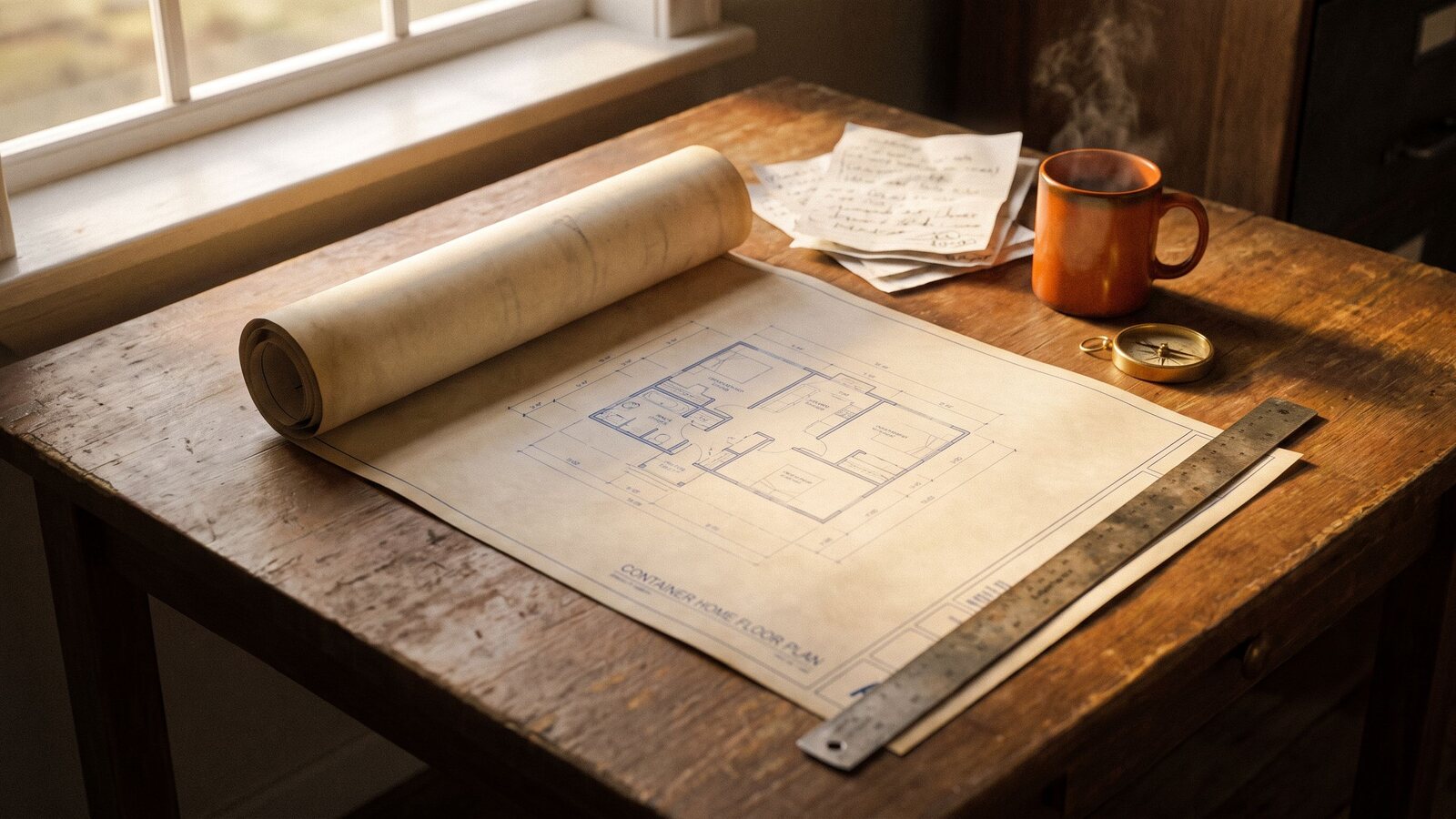 A worn wooden desk with a container home floor plan blueprint, metal ruler, and coffee mug at golden hour shot on Kodak Portra 400 film with visible grain