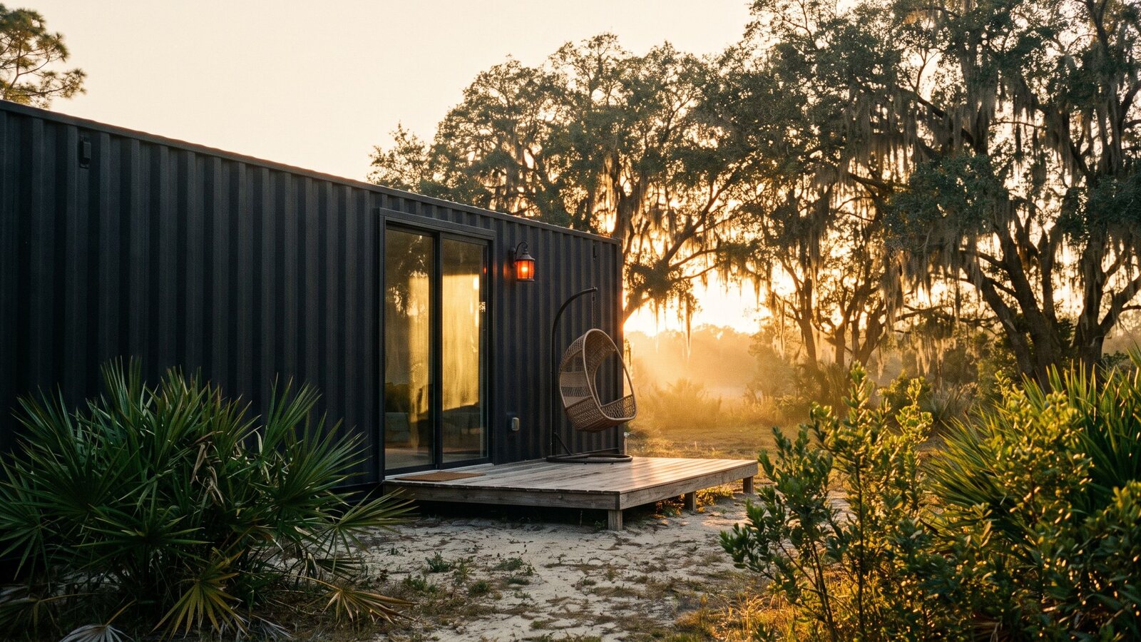 A 40-foot matte black shipping container home with a cedar deck under southern live oaks in Central Florida at golden hour shot on Kodak Portra 400 film with visible grain