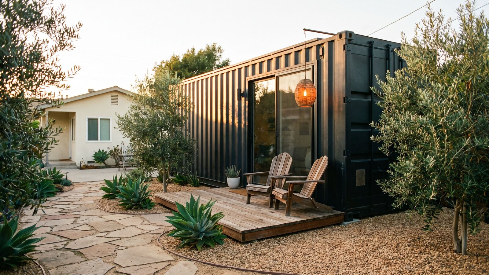 A 40-foot matte black shipping container home installed as a detached ADU in a San Diego back garden with drought-tolerant landscaping at golden hour shot on Kodak Portra 400 film with visible grain