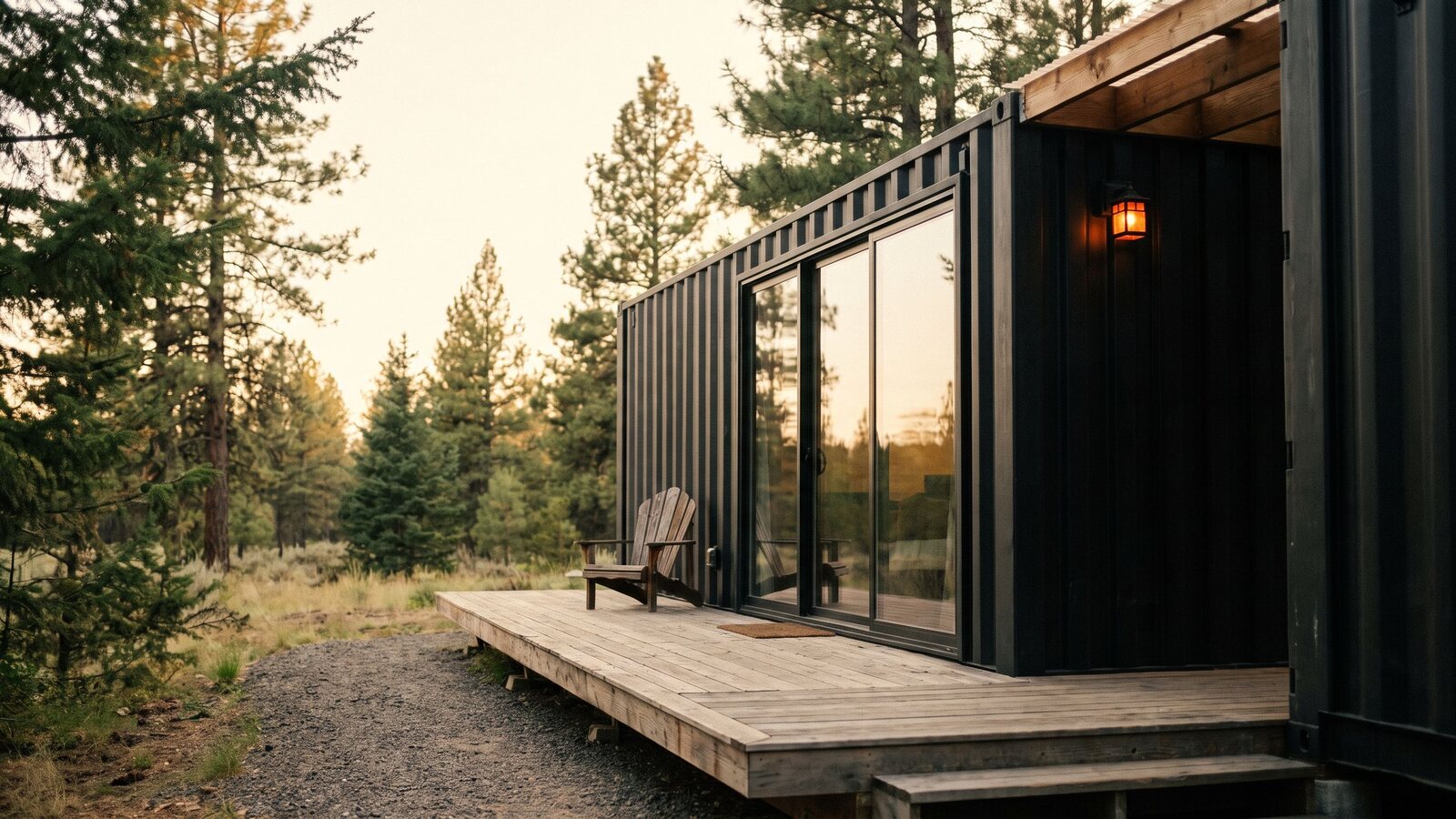 A 40-foot matte black shipping container home with a covered cedar deck and a single Adirondack chair at golden hour shot on Kodak Portra 400 film with visible grain