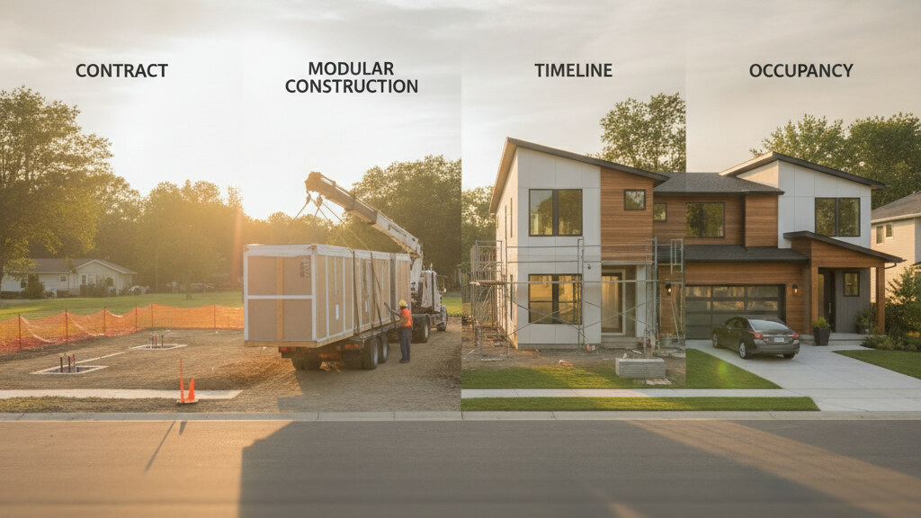 Architectural editorial photograph illustrating prefab modular timeline contract to occupancy on a typical American residential lot in golden afternoon light.