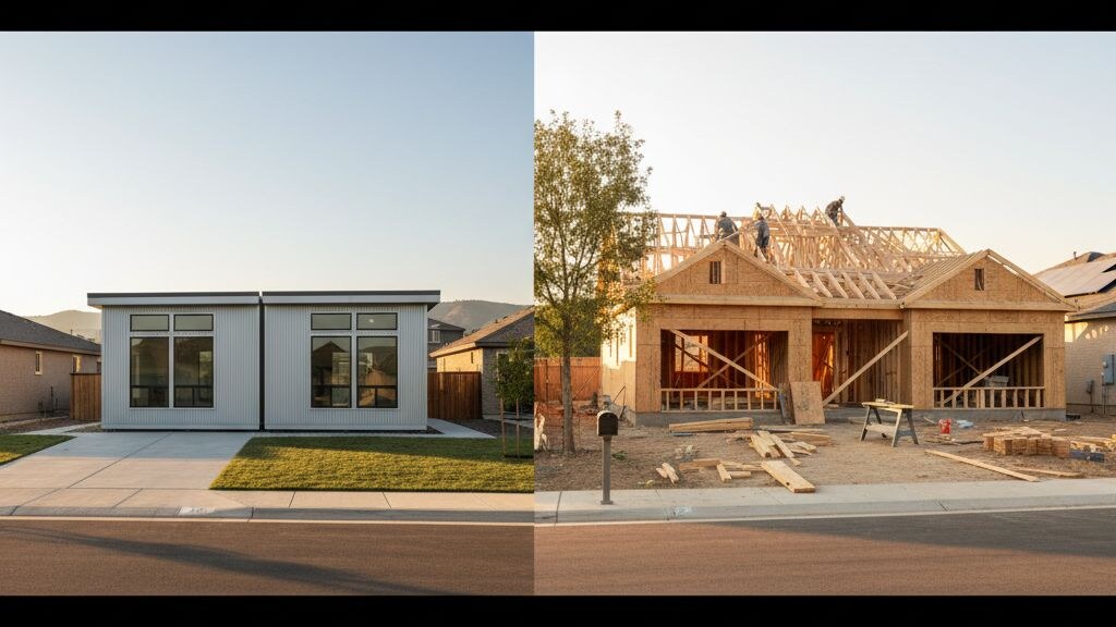 Architectural editorial photograph illustrating conventional mortgage modular vs site built on a typical American residential lot in golden afternoon light.