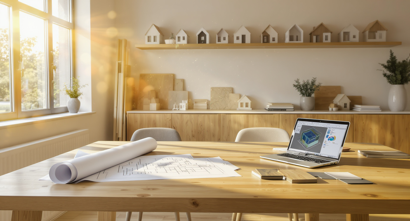 An architect's work table with blueprints, a laptop, and material samples for a modular home project, bathed in warm, natural light.