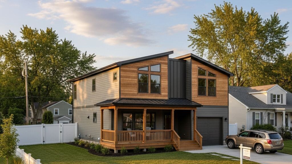 Architectural editorial photograph illustrating down payment modular manufactured home on a typical American residential lot in golden afternoon light.
