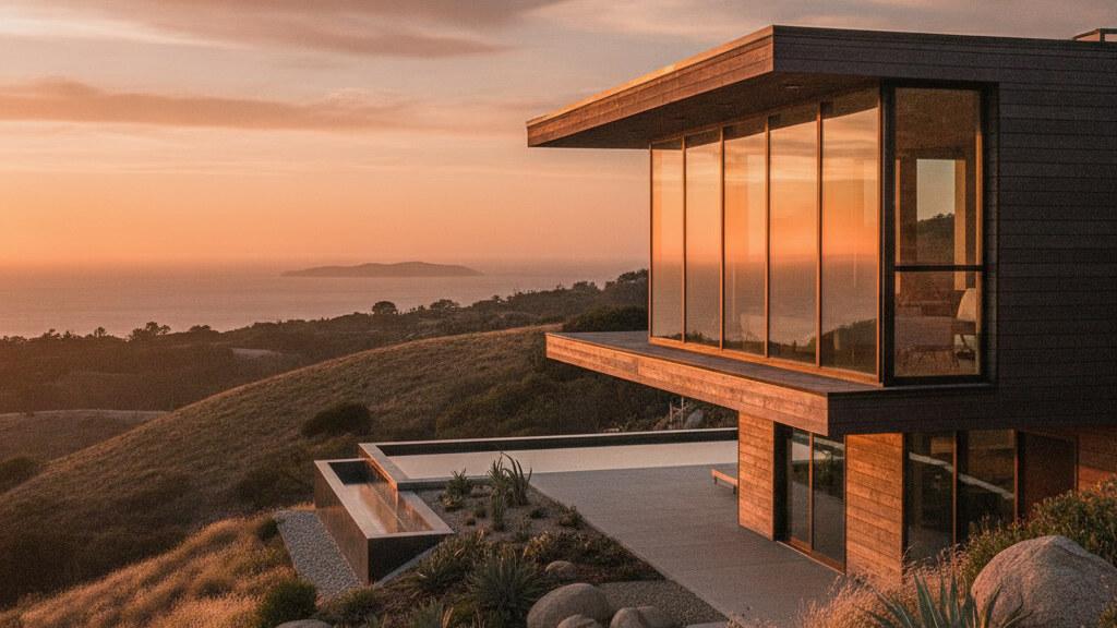 Modern premium prefab home with large floor-to-ceiling windows and minimalist landscaping on a Southern California hillside at golden hour.