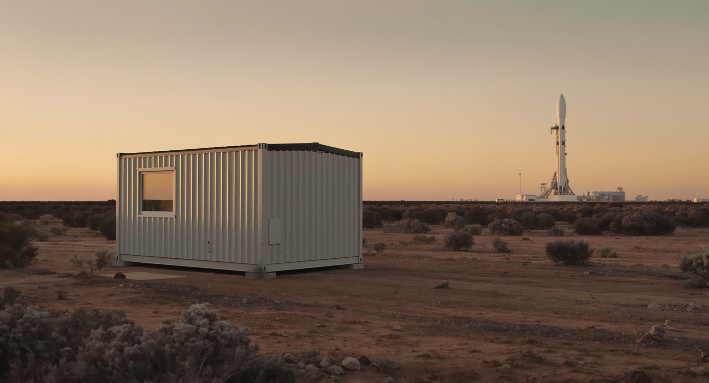 Small white prefab unit on a patch of South Texas dirt at golden hour with an industrial facility in the distant background