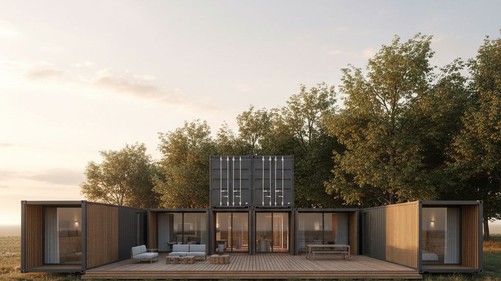 Modern expandable container house deployed on a rural parcel with side wings extended and a wide front deck in late-afternoon light.