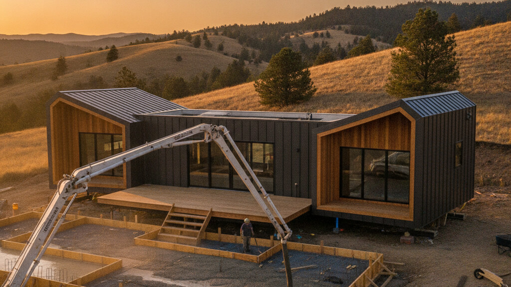 Expandable modular house with expanded side wings on a permanent foundation pour in golden afternoon light.