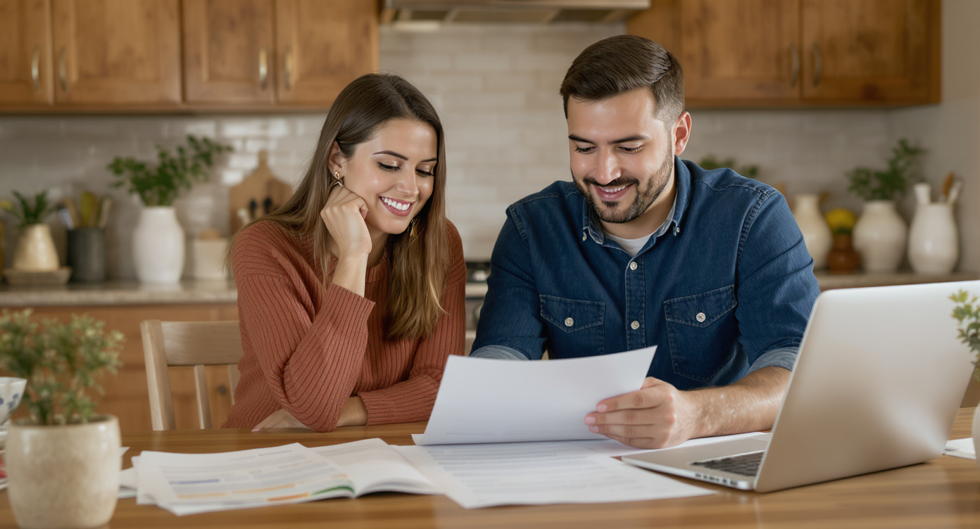 Young couple reviewing FHA Title I loan paperwork for a manufactured home purchase at their kitchen table