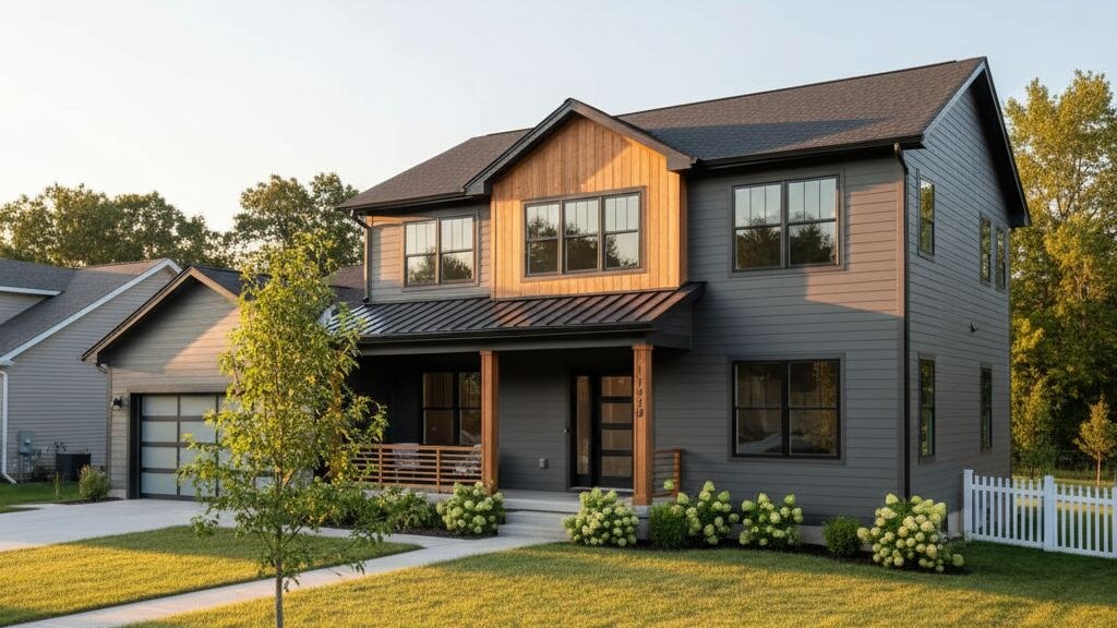 Architectural editorial photograph illustrating fha title ii modular home on a typical American residential lot in golden afternoon light.