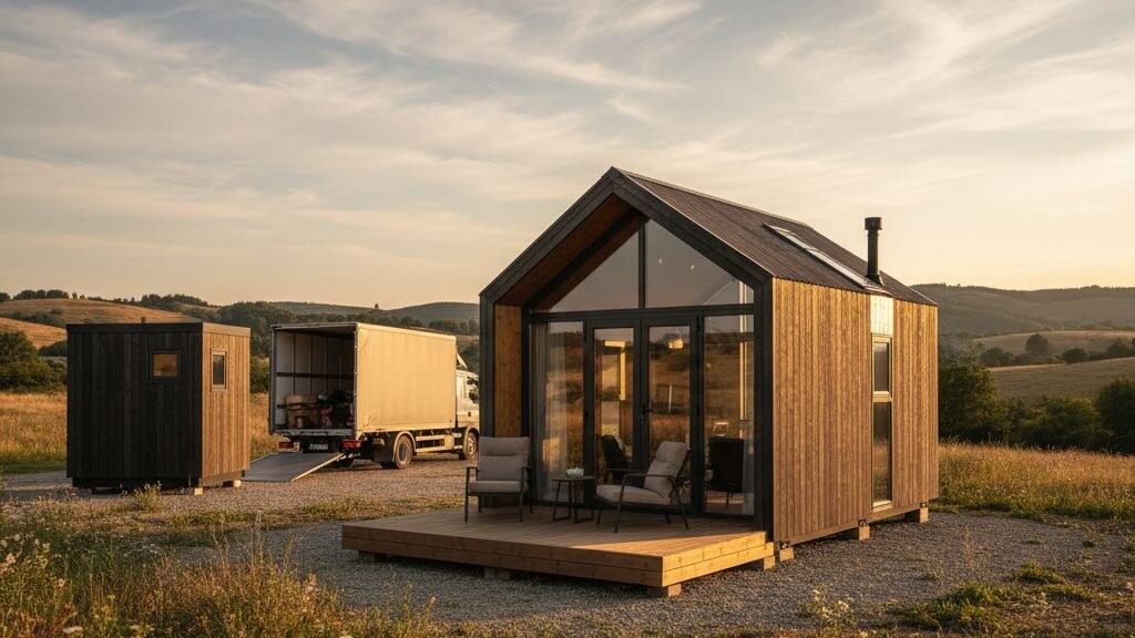 Foldable house deployed on a hospitality glamping site with two additional folded units in the background near a delivery truck.
