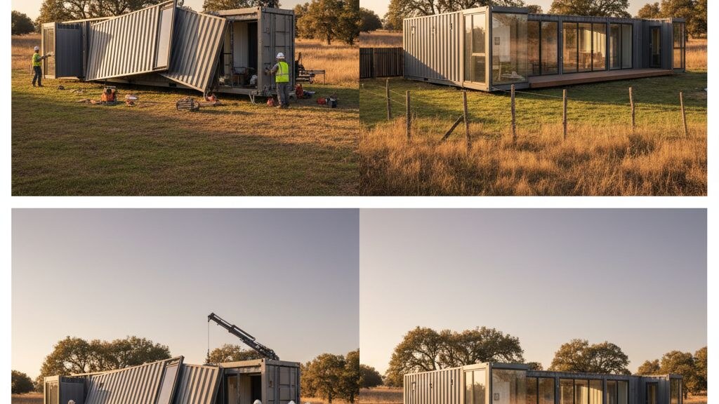 Split view showing a foldable container home unfolding on the left and an expandable container home with side wings extended on the right in golden afternoon light.