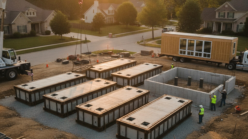 Architectural editorial photograph illustrating foundation types prefab modular on a typical American residential lot in golden afternoon light.