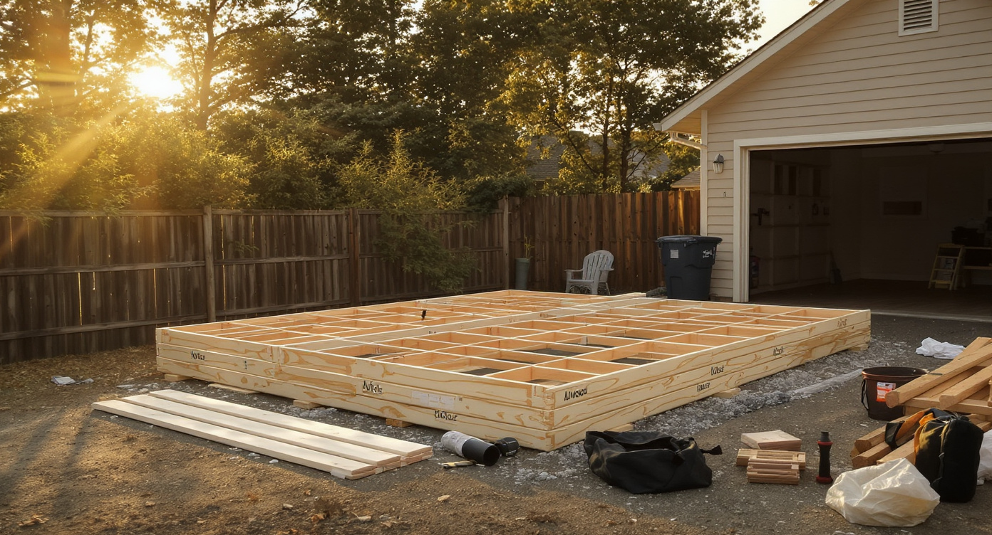 Flat-packed Allwood cabin kit delivered to a residential driveway at golden hour with tools and packing materials nearby