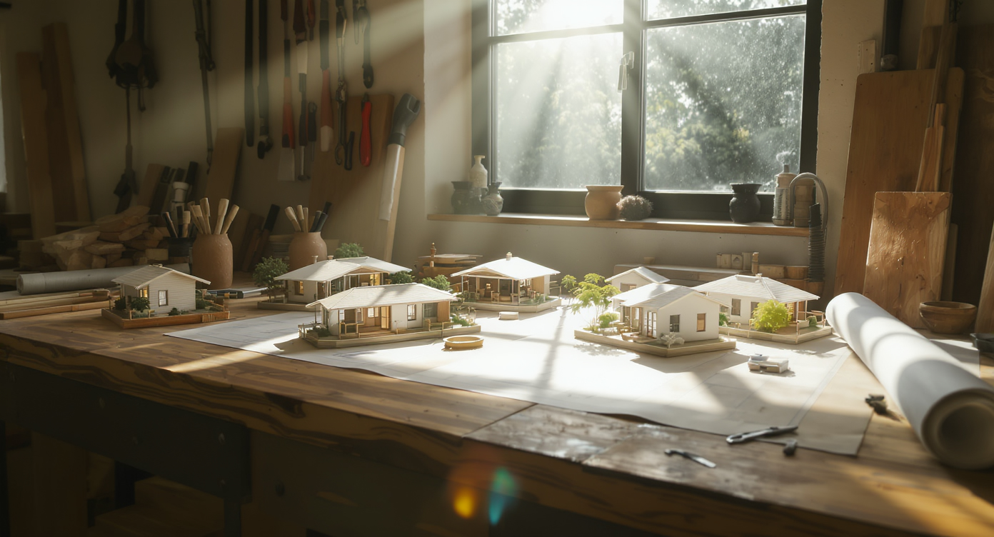 Architectural models of modular homes on a craftsman's workbench, suggesting precision homebuilder marketing.