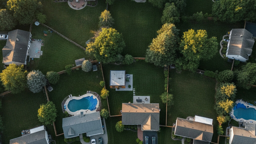 Overhead aerial photograph of a mature American suburban neighborhood showing varied backyard sizes, mature trees, and one ADU placement in golden afternoon light.