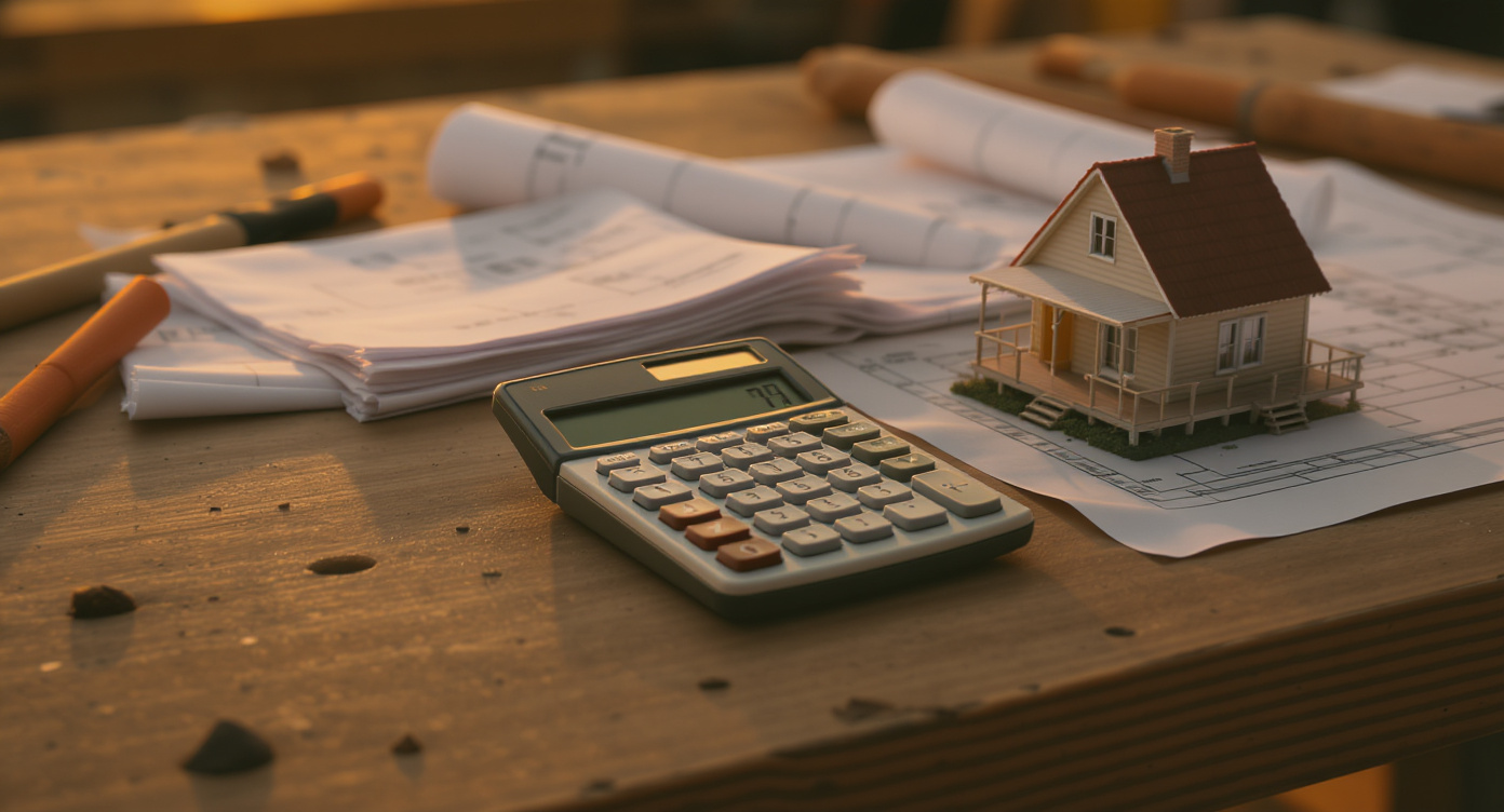 Calculator, receipts, blueprints, and a small tiny-home model on a craftsman's workbench at golden hour
