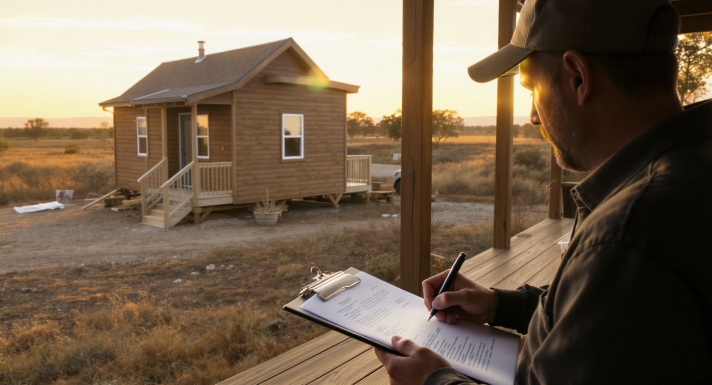 Buyer signing closing paperwork on a clipboard at a covered porch overlooking a tiny house at golden hour