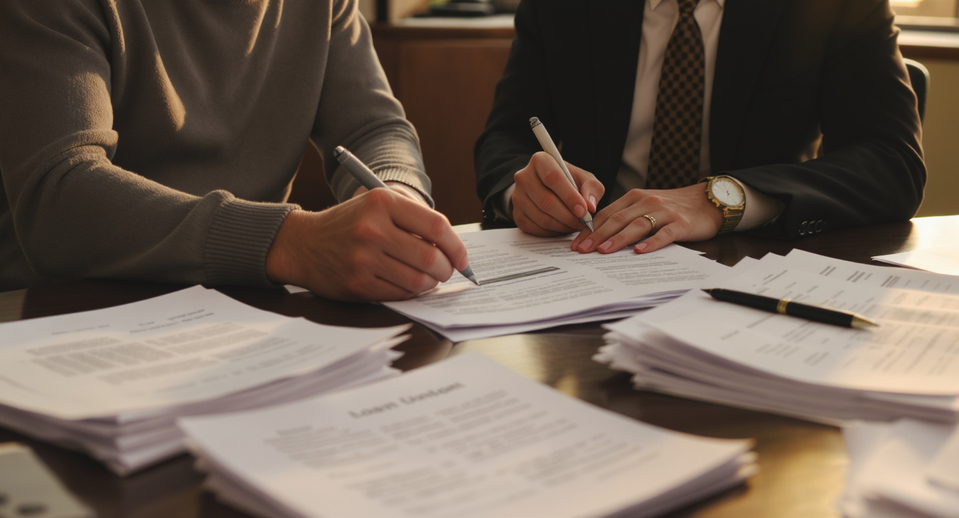 Buyer and loan officer reviewing tiny-house financing paths across multiple stacks of loan documents at a credit union desk