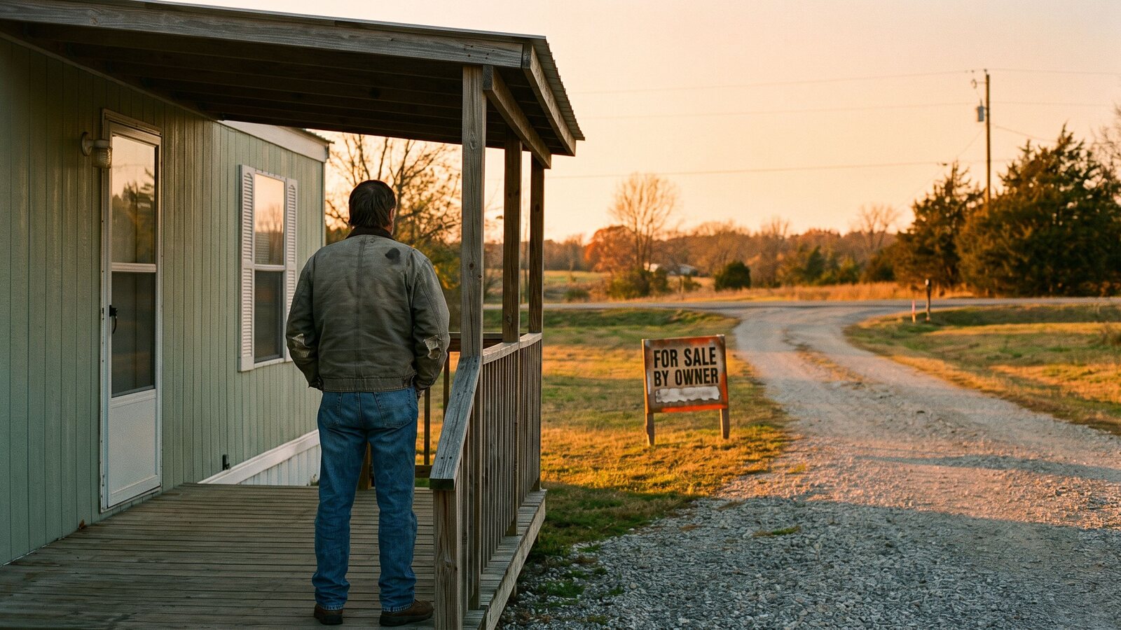 A person standing on the porch of a well-kept single-wide manufactured home with a For Sale by Owner sign in the driveway at golden hour shot on Kodak Portra 400 film with visible grain