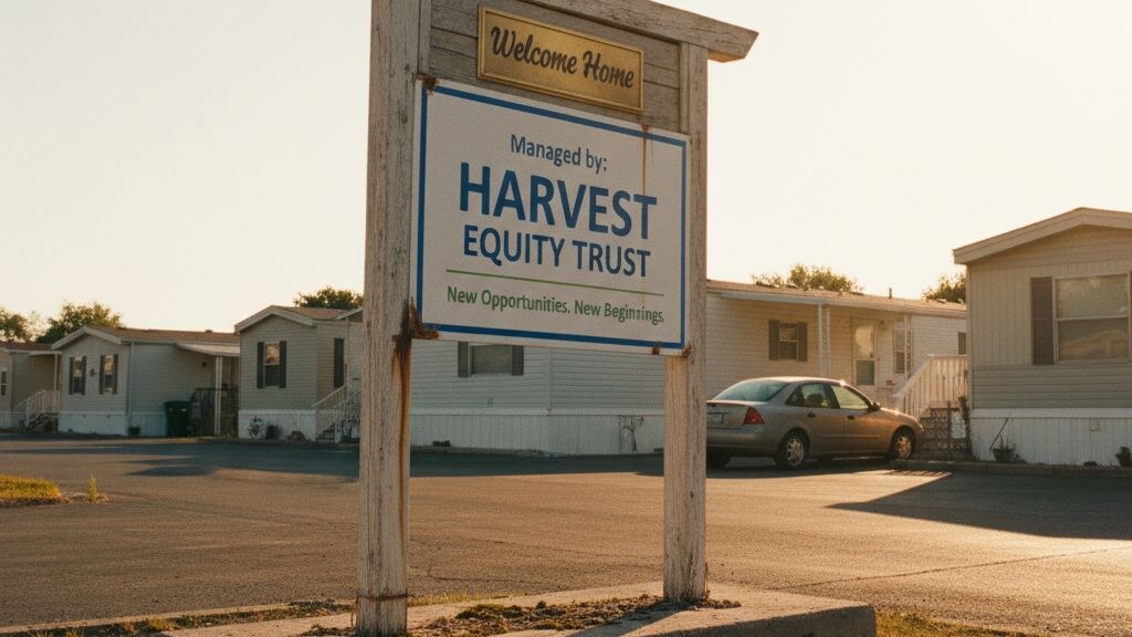 Mobile home park entrance with new institutional management sign covering the original welcome plaque, signaling sale to a REIT.