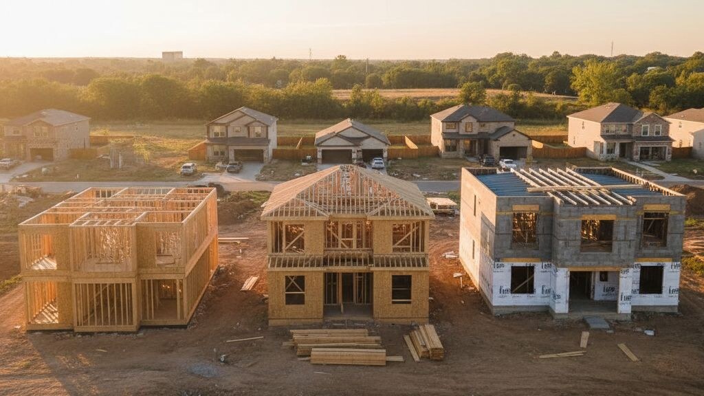 Architectural editorial photograph illustrating hud code vs irc vs ibc on a typical American residential lot in golden afternoon light.