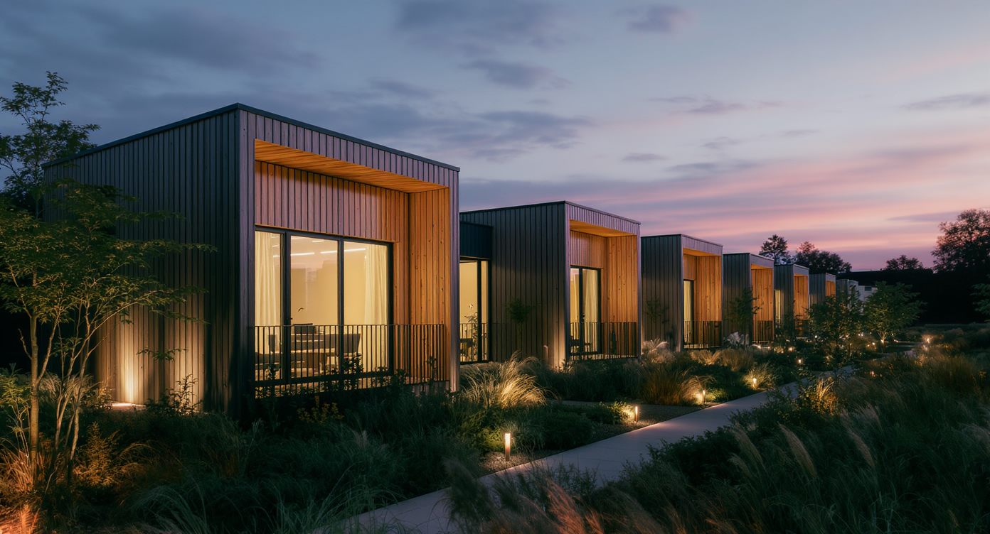 A modern, low-rise affordable housing complex with warm lighting and natural landscaping at sunset.