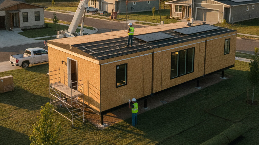 Architectural editorial photograph illustrating modular home inspections on a typical American residential lot in golden afternoon light.