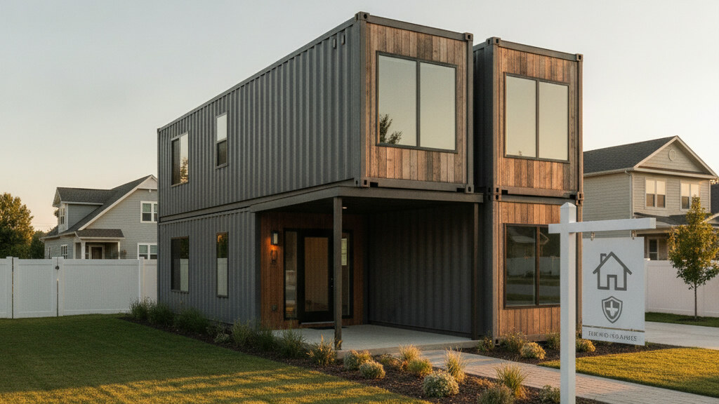 Architectural editorial photograph illustrating modular manufactured container home insurance on a typical American residential lot in golden afternoon light.