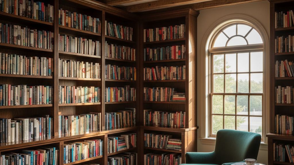 A library zone defined by an L-shaped floor-to-ceiling bookshelf wall and a contrasting wood-beamed ceiling treatment