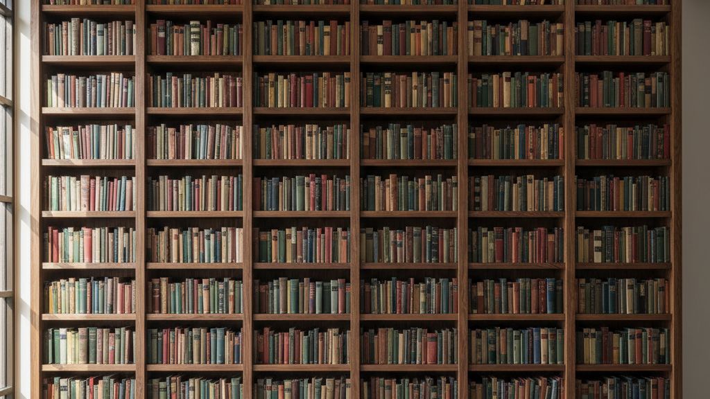 Floor-to-ceiling built-in bookshelves with continuous vertical wooden supports and densely arranged hardbacks