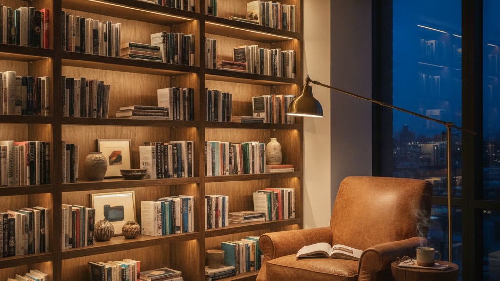 A reading nook with three lighting layers — ambient ceiling glow, focused brass task lamp over a leather chair, and accent strip light washing the bookshelf