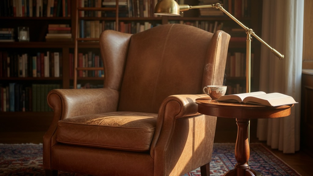A single high-quality leather reading chair with worn patina, a small wooden side table with tea and an open book, and a brass floor lamp overhead
