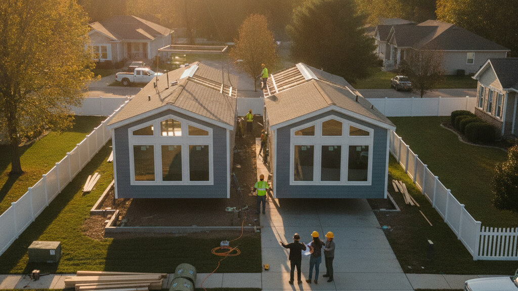 Architectural editorial photograph illustrating manufactured home buying process on a typical American residential lot in golden afternoon light.