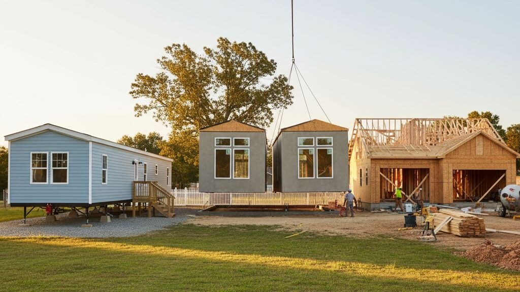 Architectural editorial photograph illustrating manufactured vs modular vs site built on a typical American residential lot in golden afternoon light.