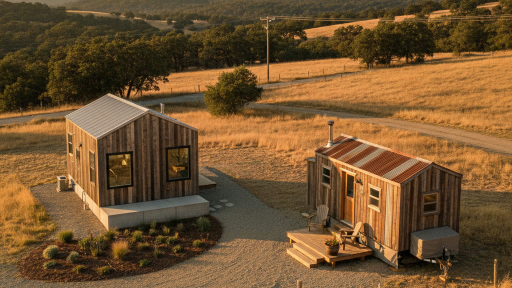 Side-by-side comparison of a manufactured home on a permanent foundation and a tiny home on wheels parked on adjacent rural lots in golden afternoon light.