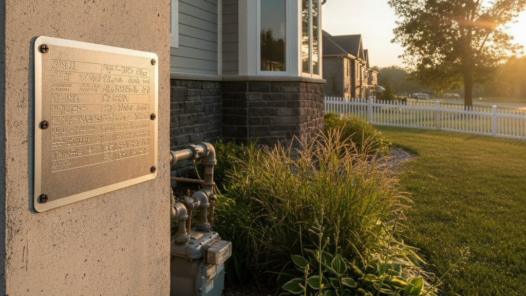 Architectural editorial photograph illustrating manufacturer data plate on a typical American residential lot in golden afternoon light.