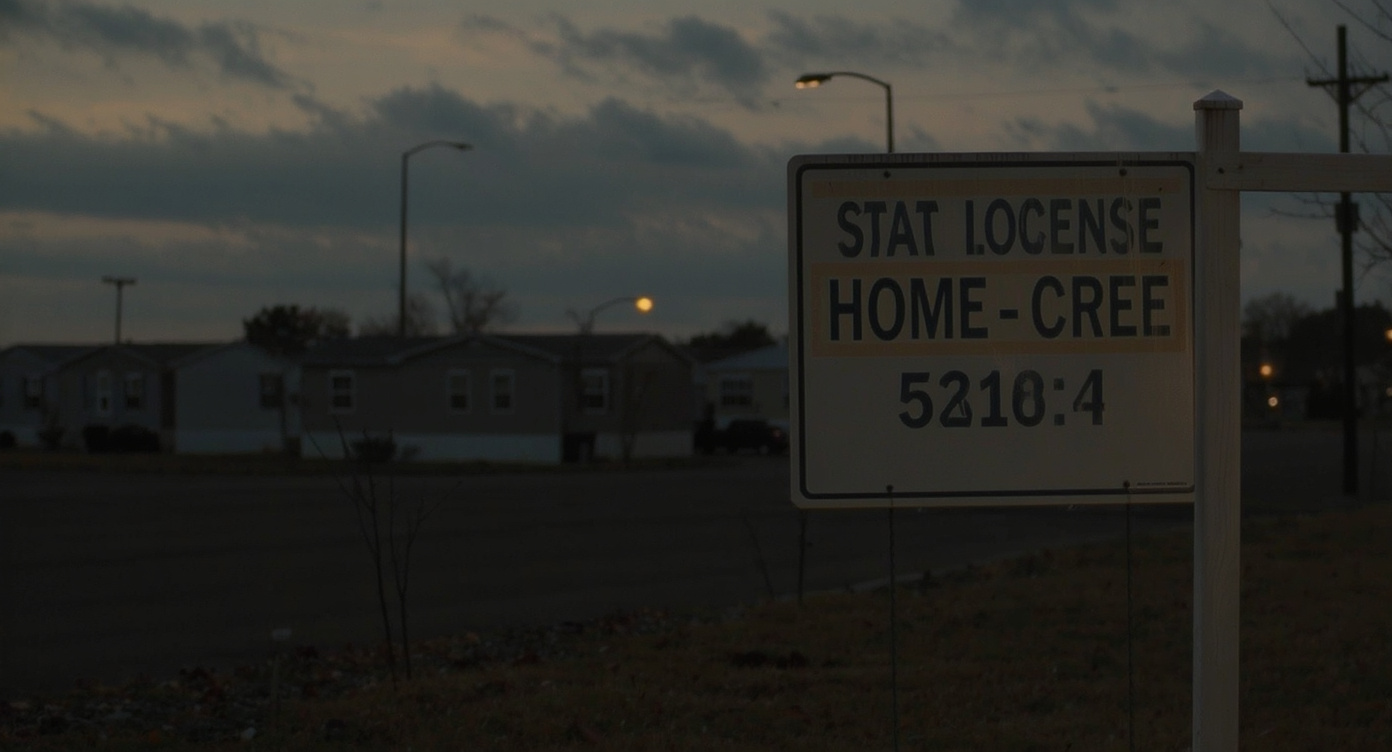 Manufactured home dealer lot at dusk with a clearly visible state license number on the lot sign
