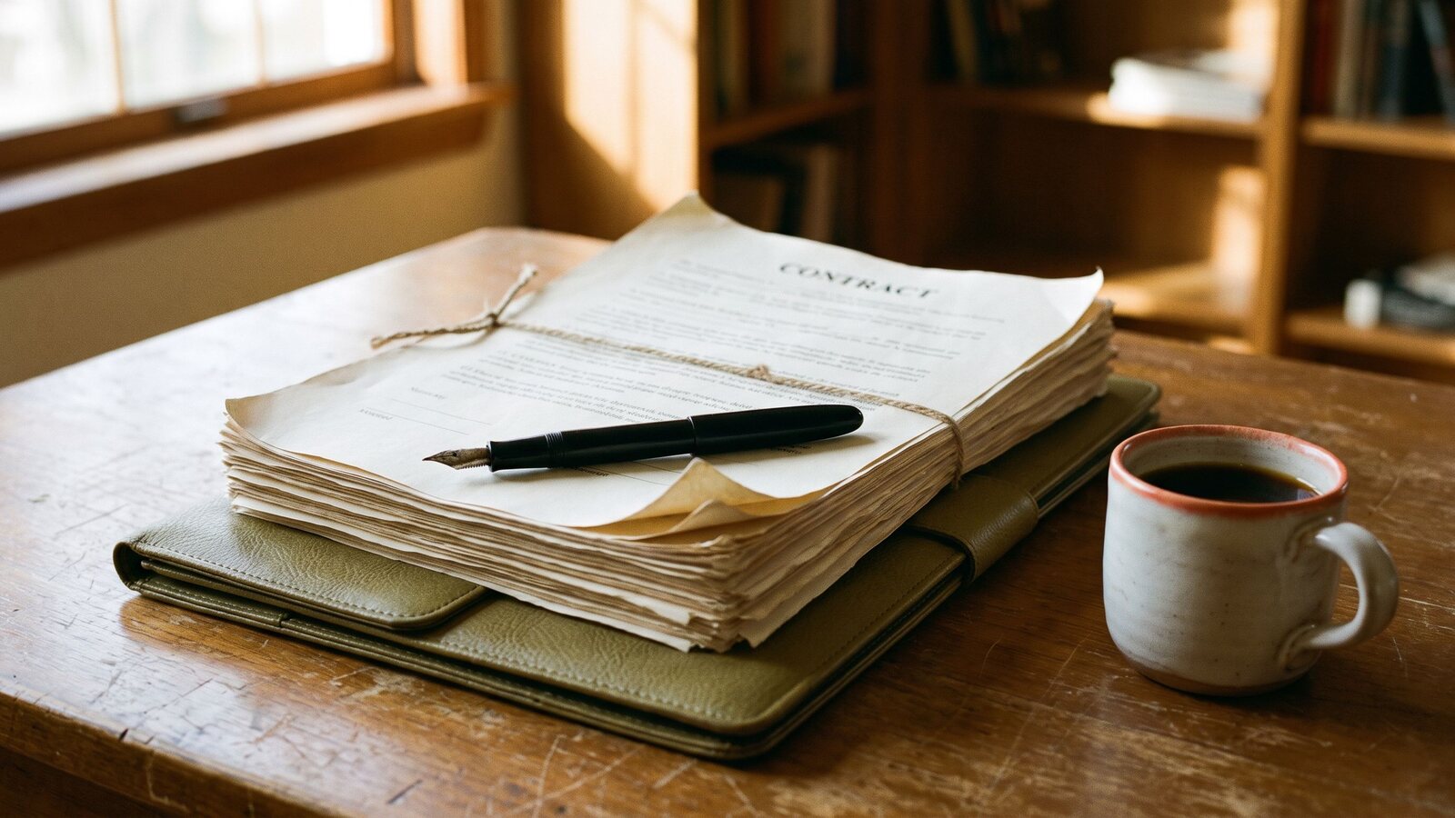 A stacked multi-page mobile home purchase agreement with a fountain pen and coffee mug on a wooden desk shot on Kodak Portra 400 film with visible grain
