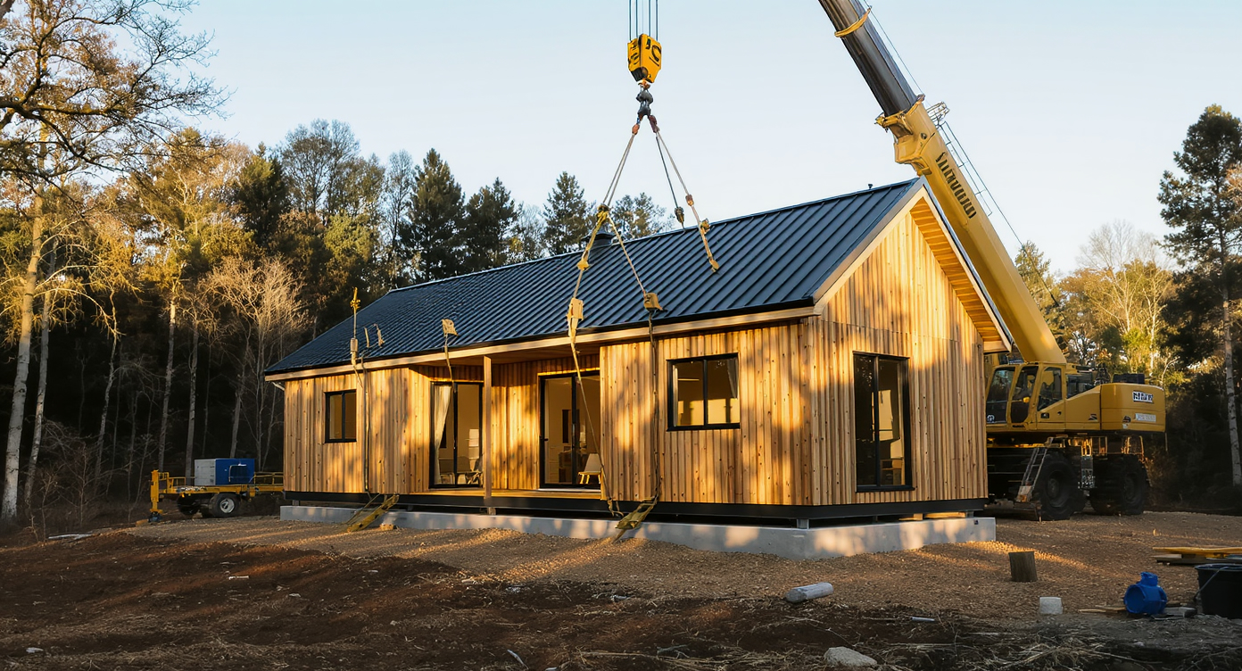 A crane carefully places a modern, wood-clad modular home section onto a foundation in a sunlit forest clearing.
