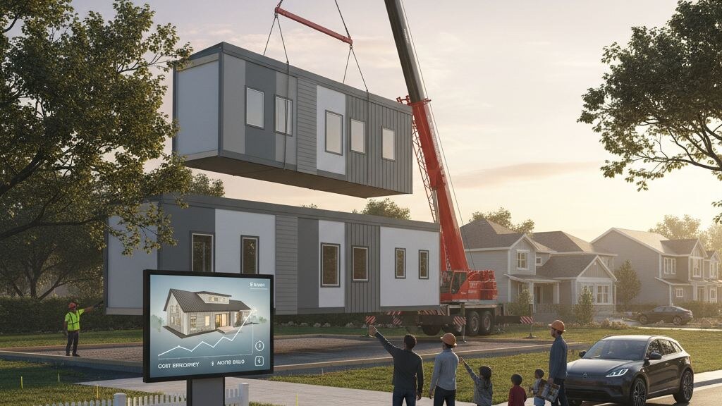 Architectural editorial photograph illustrating modular home buying process on a typical American residential lot in golden afternoon light.