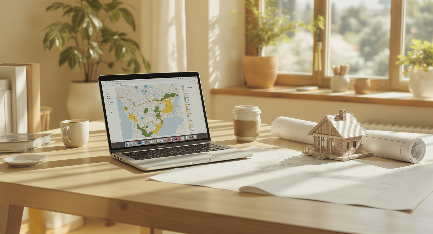 A sunlit architect's desk with blueprints, a laptop with a map, and a wooden model of a modern home, suggesting a focus on planning and design.