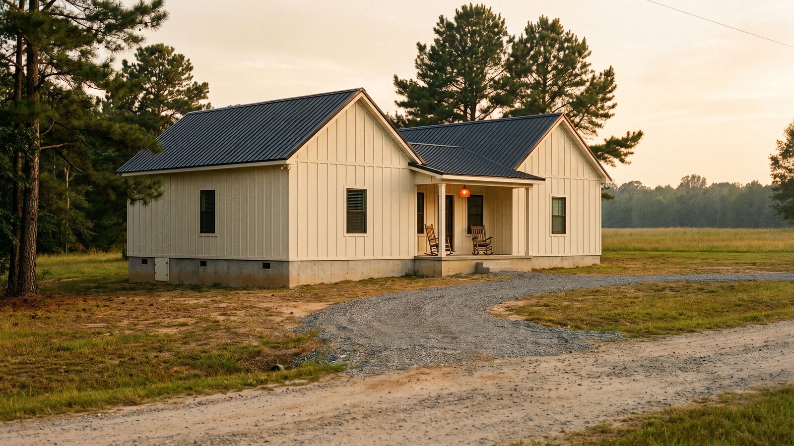 A modern two-section modular home with black metal roof and cream siding on a rural lot at golden hour shot on Kodak Portra 400 film with visible grain
