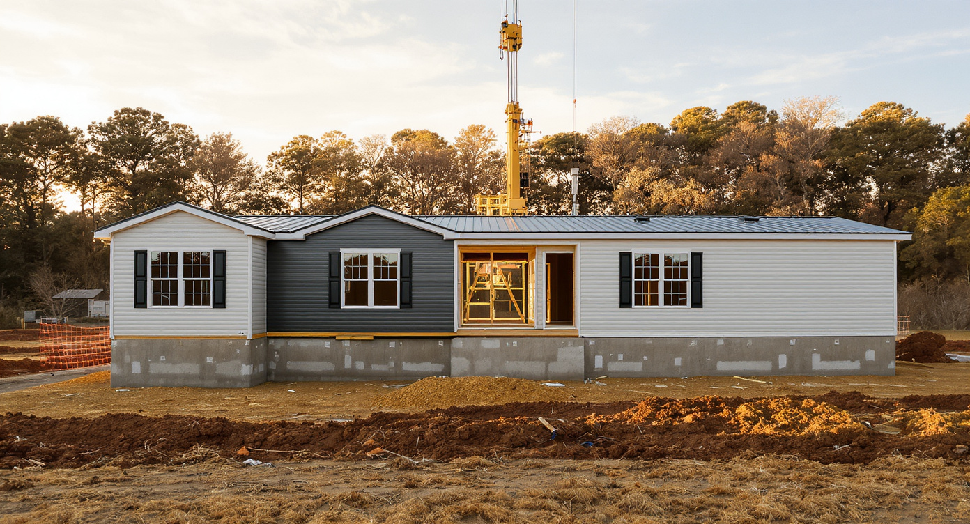 Crane setting a modular home module on a permanent foundation at a rural build site