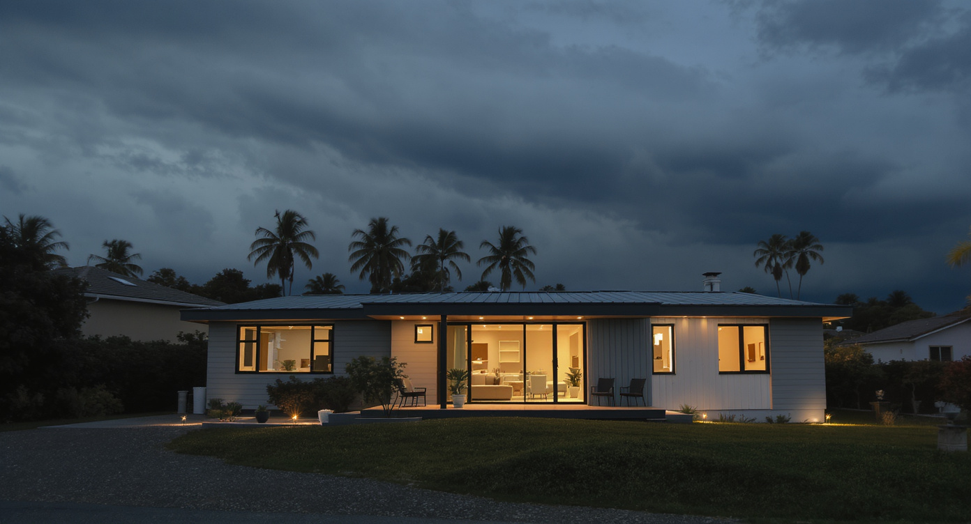Modern modular home built to coastal hurricane code, photographed at dusk during clearing storm